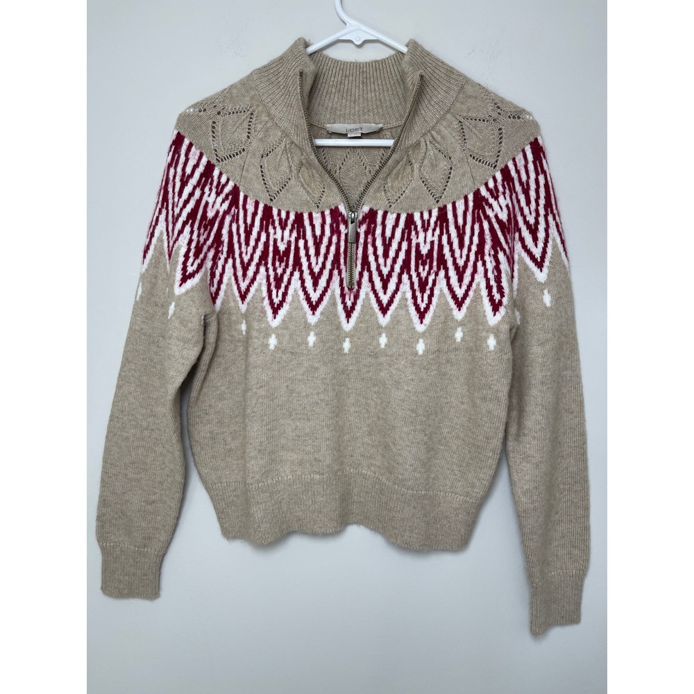 LOFT Petites Fair Isle Quarter Zip Sweater Beige Burgundy Knit SP Preppy Holiday